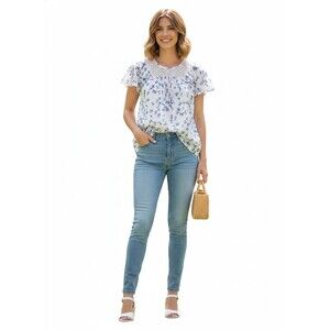 Liz Claiborne Blue Floral Crochet Neck Flutter Sleeve Blouse - Size L NWOT